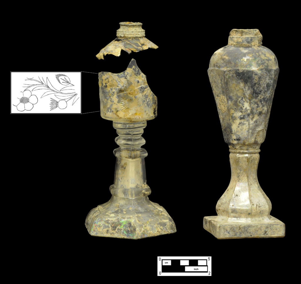 Fluid-burning lamps: Free-blown font with cut floral motif and pressed glass standard (Cat # 4.29.15, 4.34.44, 4.39.15). (Inset: illustration showing details of floral motif, by Katarzyna Madalinska). Octagonal pattern pressed glass lamp (Cat # 4.24.608, 4.29.16).