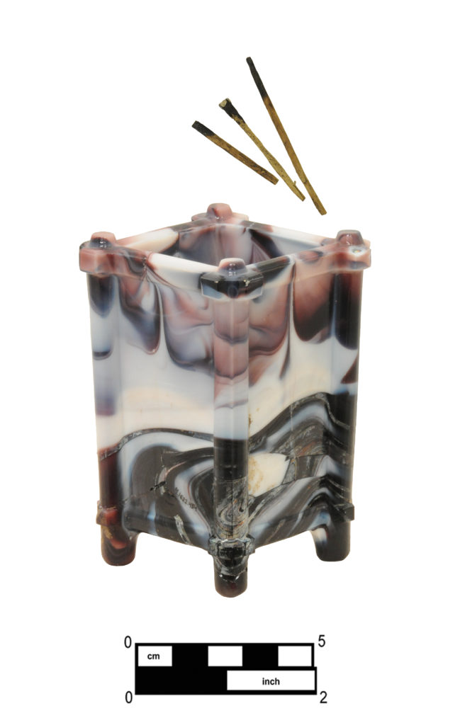 Purple and white marble glass spill vase or match holder (4A-G-0141) with sampling of match sticks (Cat # 4.25.938).