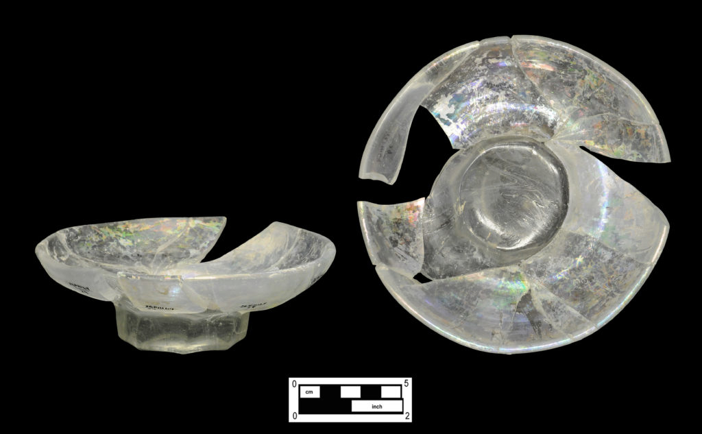 Two views of a dish made from a pressed glass tumbler (4A-G-0255).