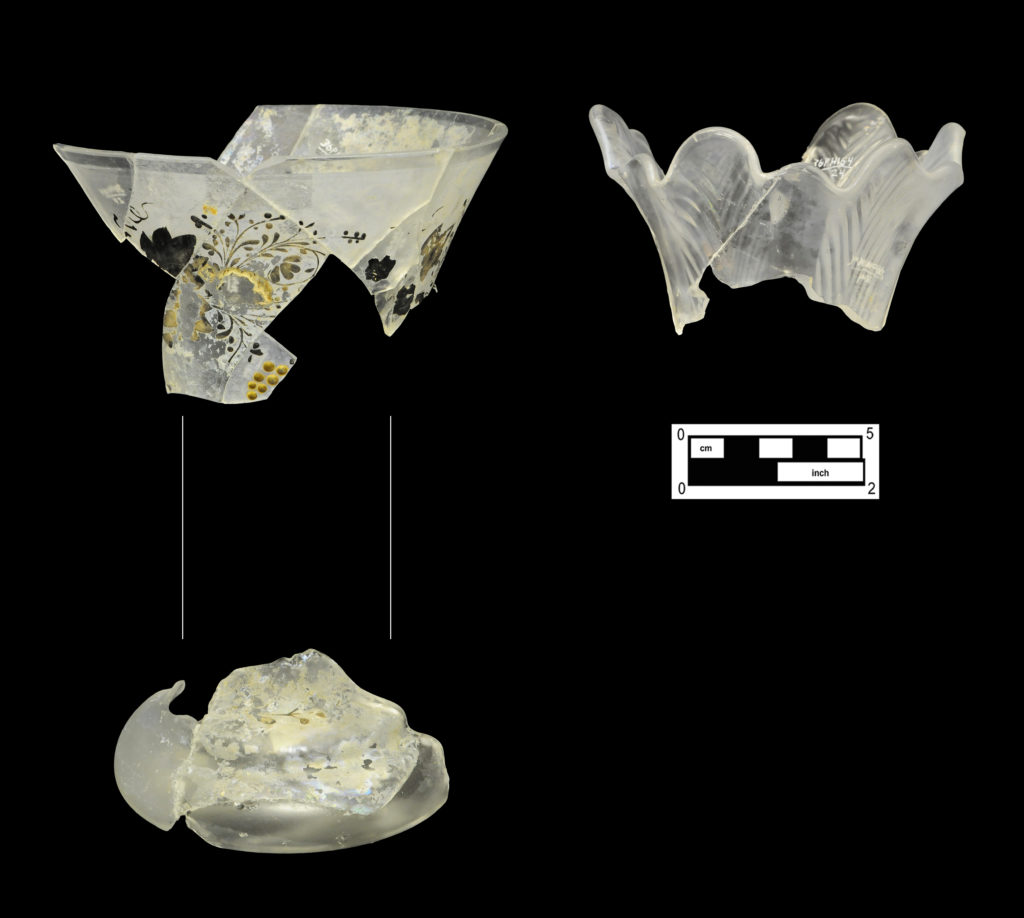 (Left) Rim and base of etched glass vase with raised enamel grape vine motif (4A-G-0378). (Right) Rim of white carnival glass vase in “feather” motif (4A-G-0320).