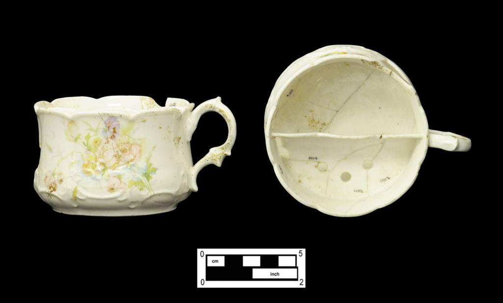 Two views of decal decorated porcelain shaving cup (4A-C-0030).