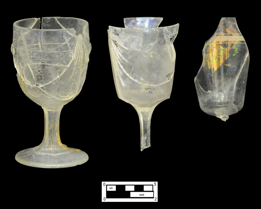 Pressed goblets with various decorations: Leaf and Dart pattern (4A-G-137); etched Fern and Berry (4A-G-238); etched bands (4A-G-294).